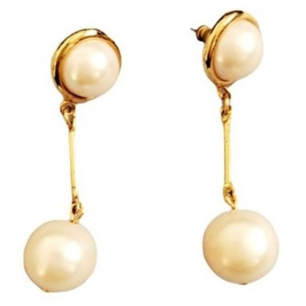 Women's Fashion Jewelry Gold-Tone And Pearl Linear Drop Dangle Earrings - Picture 2 of 10